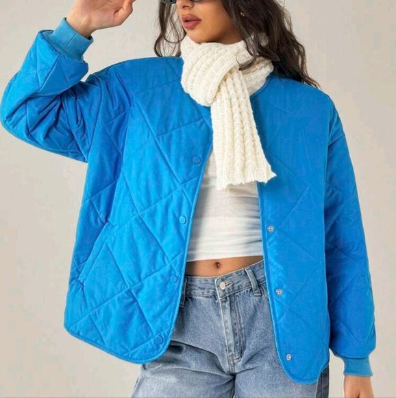 Winter Peacock Blue Quilted Casual Warm Padded Long Sleeve Jacket - Picture 1 of 5